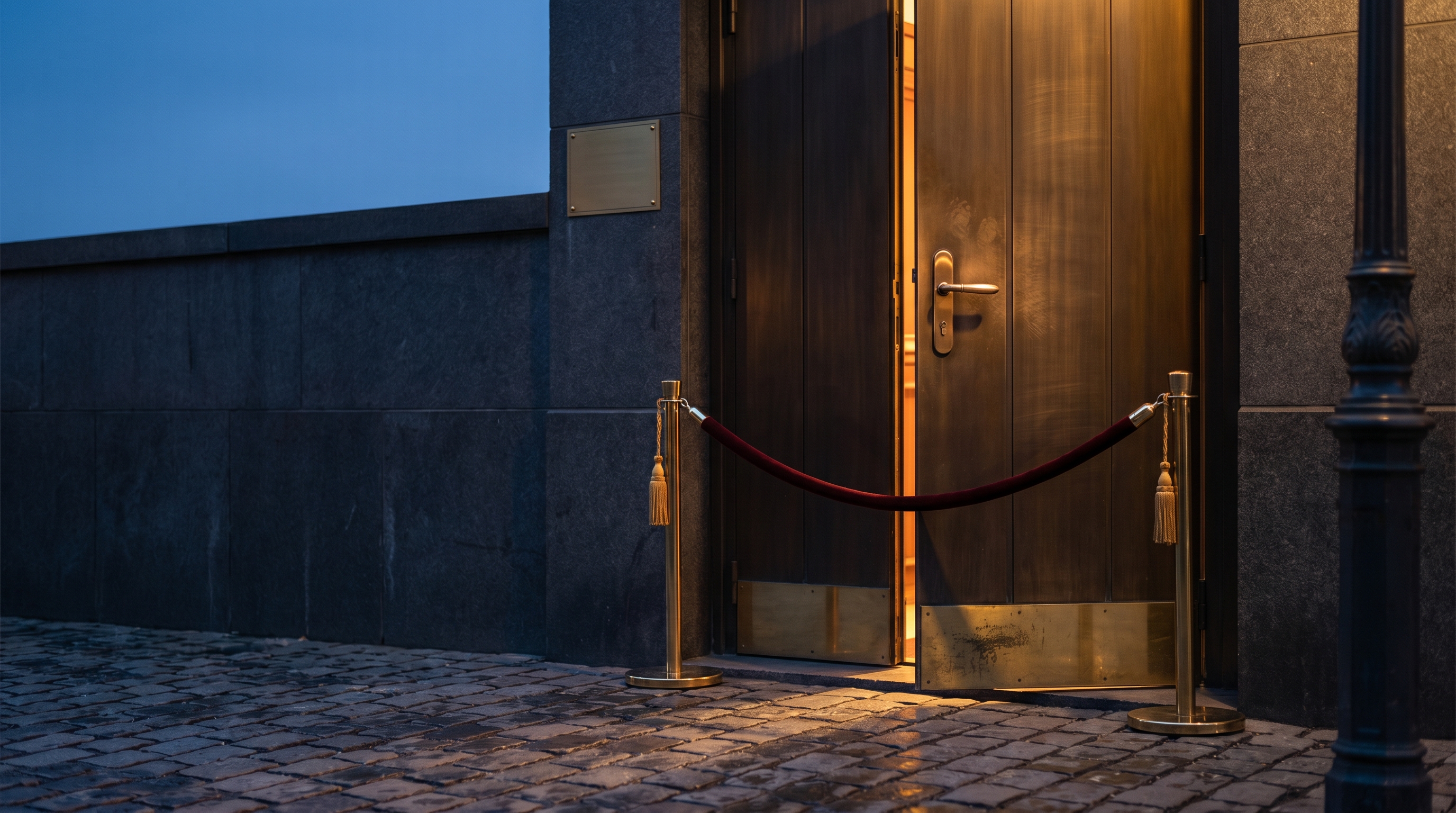 Fotografía cinematográfica de la fachada de una institución financiera europea al anochecer: una puerta de bronce entreabierta con un cordón de seguridad cruzado y un cartel discreto de aforo, iluminada por una luz cálida de farola en tonos anthracite y naranja Vaultbit. Cabecera de la newsletter de Vaultbit Advisory sobre el fin del periodo transitorio de MiCA el 1 de julio de 2026.