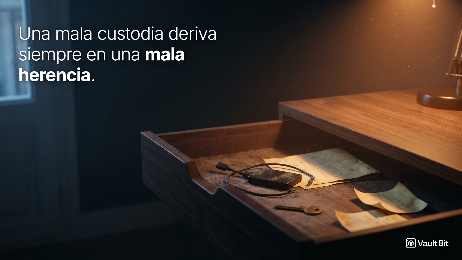 Fotografía cinematográfica de un cajón de escritorio de madera entreabierto en un despacho en penumbra al atardecer: dentro, un hardware wallet cubierto de polvo enredado entre cables, un papel doblado con anotaciones desvaídas y una llave antigua, iluminados por la luz cálida de un flexo. Cabecera de la newsletter #004 de Vaultbit Advisory sobre por qué una mala autocustodia acaba siempre en una mala herencia.