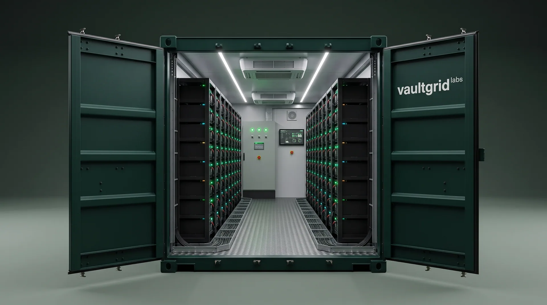 Recreación digital de un contenedor con las puertas abiertas y los racks de baterías a la vista