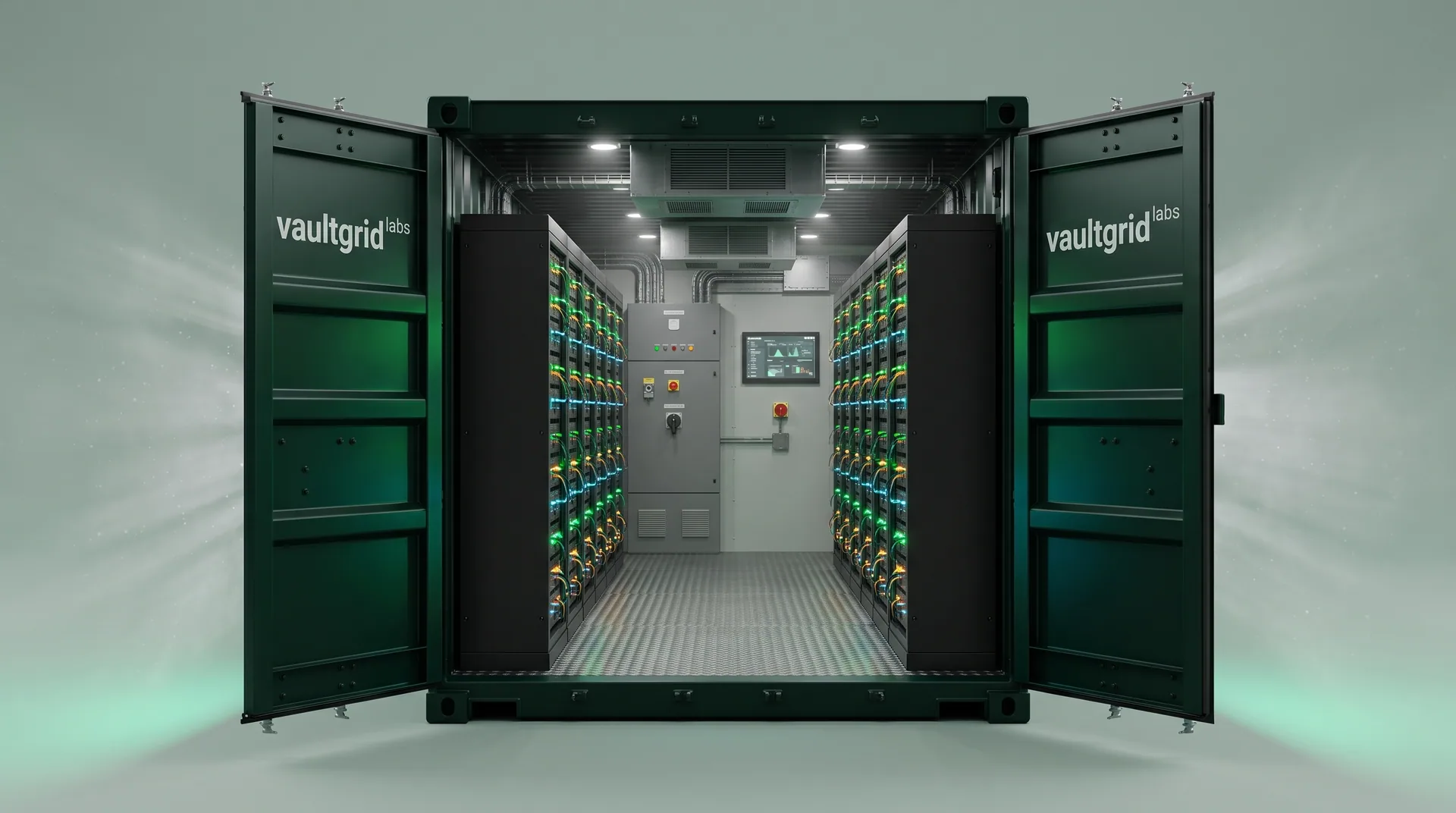 Recreación digital del pasillo interior con racks de baterías a ambos lados